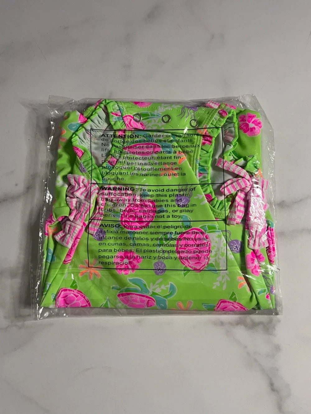 RuffleButts Neon Turtle Tide Long Sleeve Rash-guard Swimsuit 2T